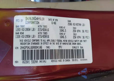 2006 Chrysler Town & Country Touring из США, поврежденный, VIN 2A4GP54L66R894106